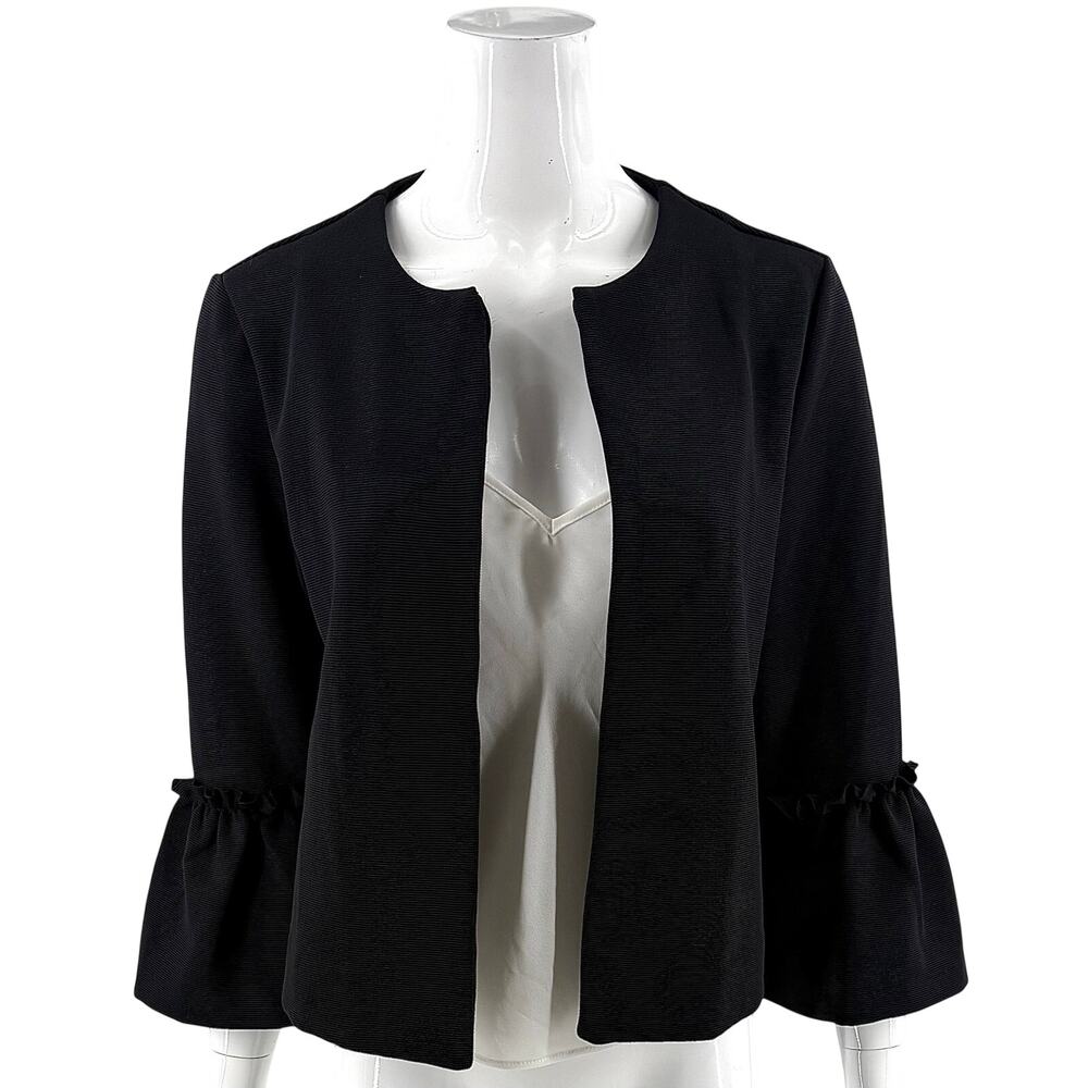 ELLE Womens Open Front Blazer Jacket Size Small Black 3/4 Bell Sleeve Textured